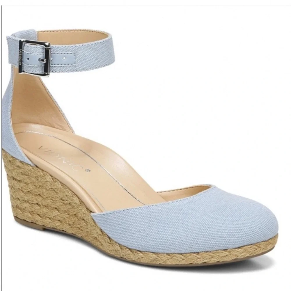 Vionic Amy Wedge Espadrille Sandals 9 Wide Sky Blue Excellent Canvas Buckle
